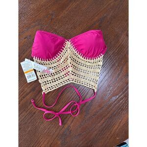 NWT The Bikini Lab Women's Crochet High Neck Halter Bikini Top Wine Pink Small